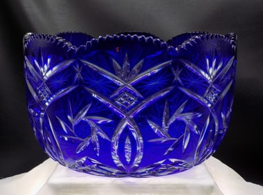Vintage large blue cut to clear art glass bowl
