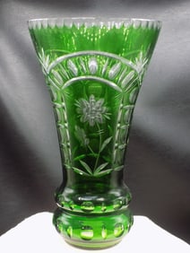 Large vintage green cut to clear art glass vase.
