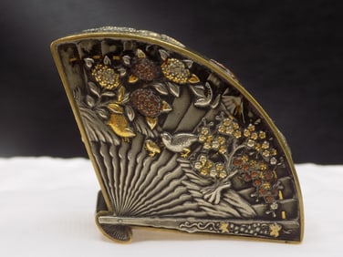 Fabulous Oriental highly decorated silver and gold fan pill or trinket box