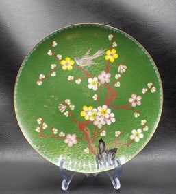 Vintage Oriental cloisonne plate with bird and flower tree