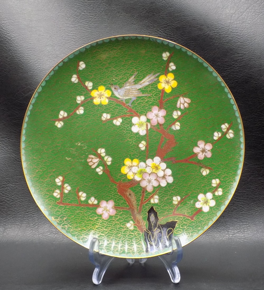 Vintage Oriental cloisonne plate with bird and flower tree (1 of 6)