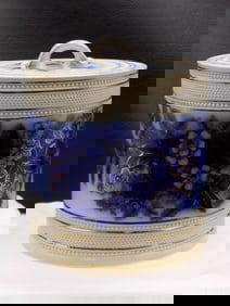 Antique decorated flow blue covered jar or cracker jar.