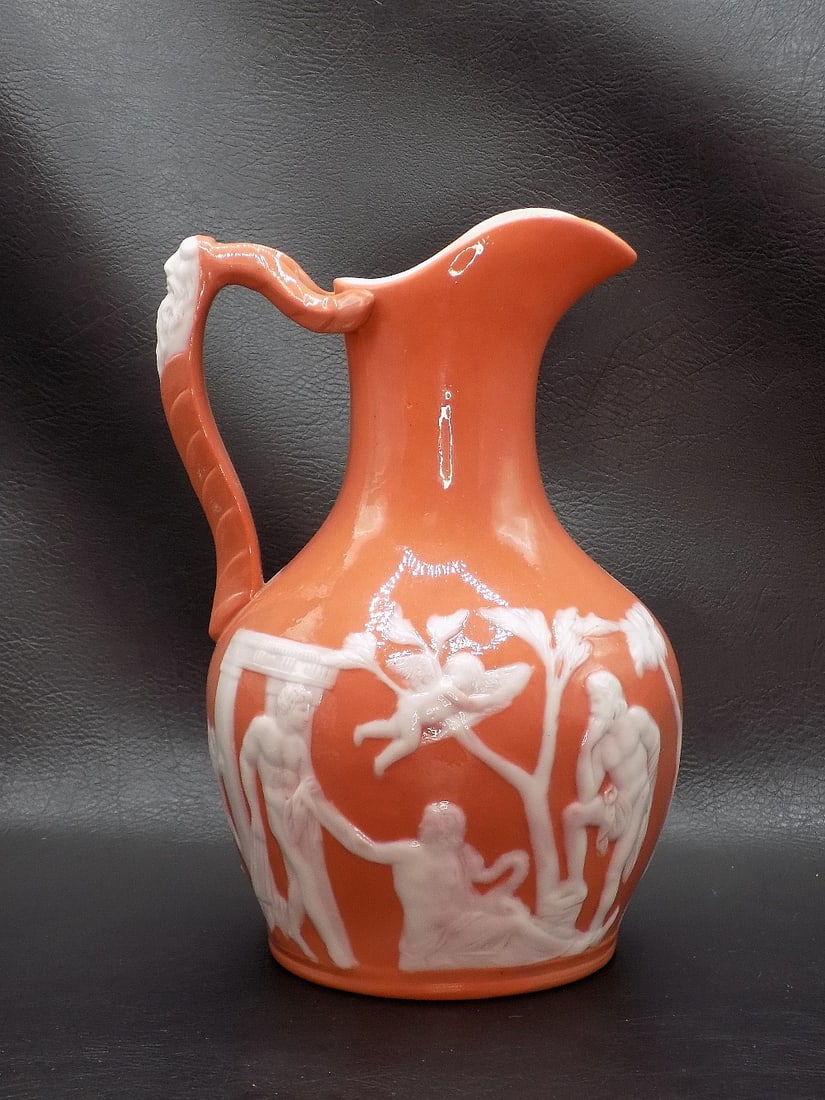 Vintage Pate Sur Pate porcelain pitcher 1800s: Vintage Pate Sur Pate porcelain pitcher 1800s. Beautiful colors. Great quality and detail. In very good original condition. 7 ¾ inches tall. White dots are camera reflection.