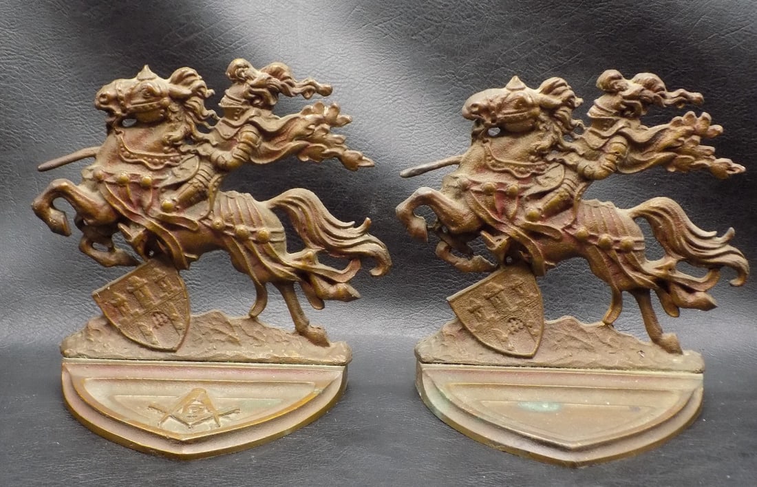 Vintage Masonic cast iron figural book ends with knights on horses (1 of 6)