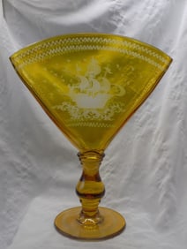 Unusual vintage art glass fan vase with etched sailing ships on both sides