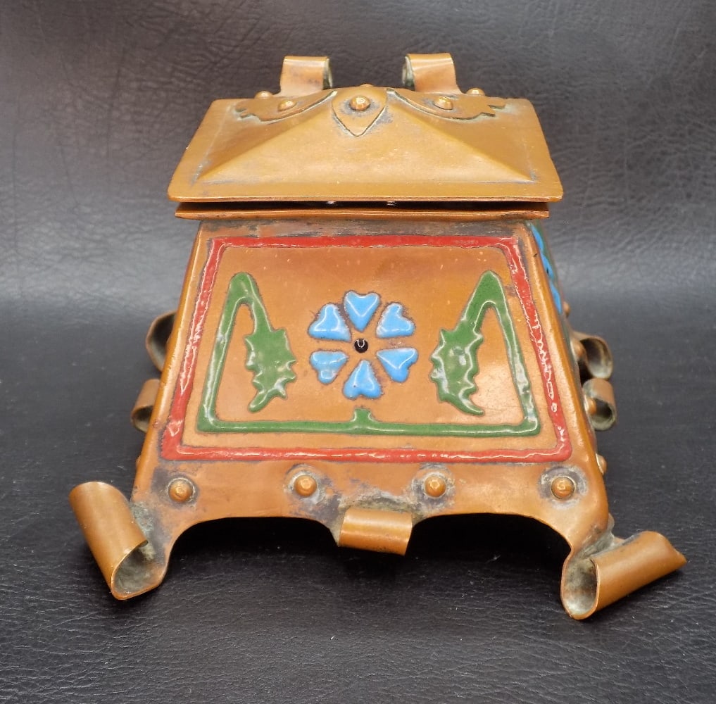 Lovely Arts and Crafts inkwell: Lovely Arts and Crafts inkwell. Marked on bottom The Arts and Crafts as shown in photo. Copper with enamel decoration. Glass inkwell. Great quality and detail. In very good original as found condition