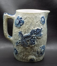 Antique blue gray salt glazed stoneware pitcher with floral decoration