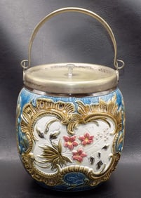 Splendid antique highly decorated Majolica cracker jar