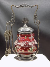 Splendid Victorian decorated cranberry art glass pickle caster