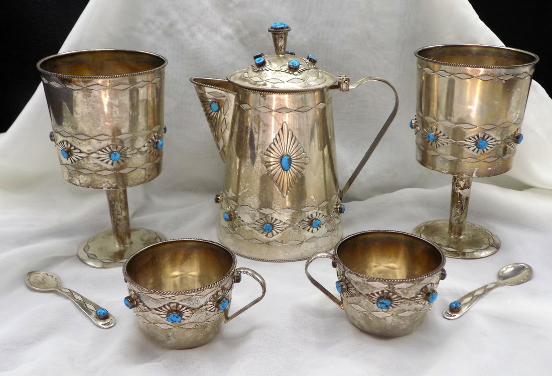 Fabulous vintage Native American Indian style sterling silver and turquoise tea set. (1 of 10)
