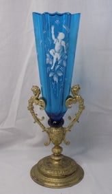 Elegant antique hand decorated art glass vase with fancy metal base