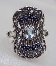Beautiful aquamarine and sapphire sterling silver ring. Size 6.