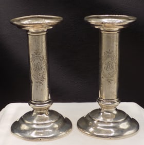 Antique pair of signed Tiffany sterling silver candlesticks