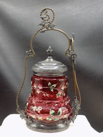 Beautiful Victorian decorated cranberry art glass pickle caster