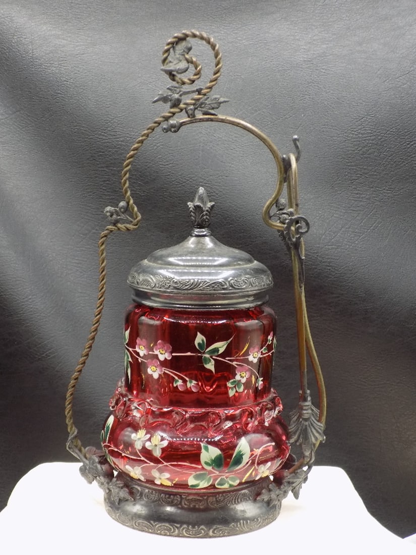 Beautiful Victorian decorated cranberry art glass pickle caster (1 of 11)