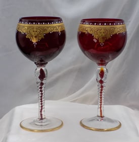 Elegant pair of Art Deco Moser art glass wine glasses