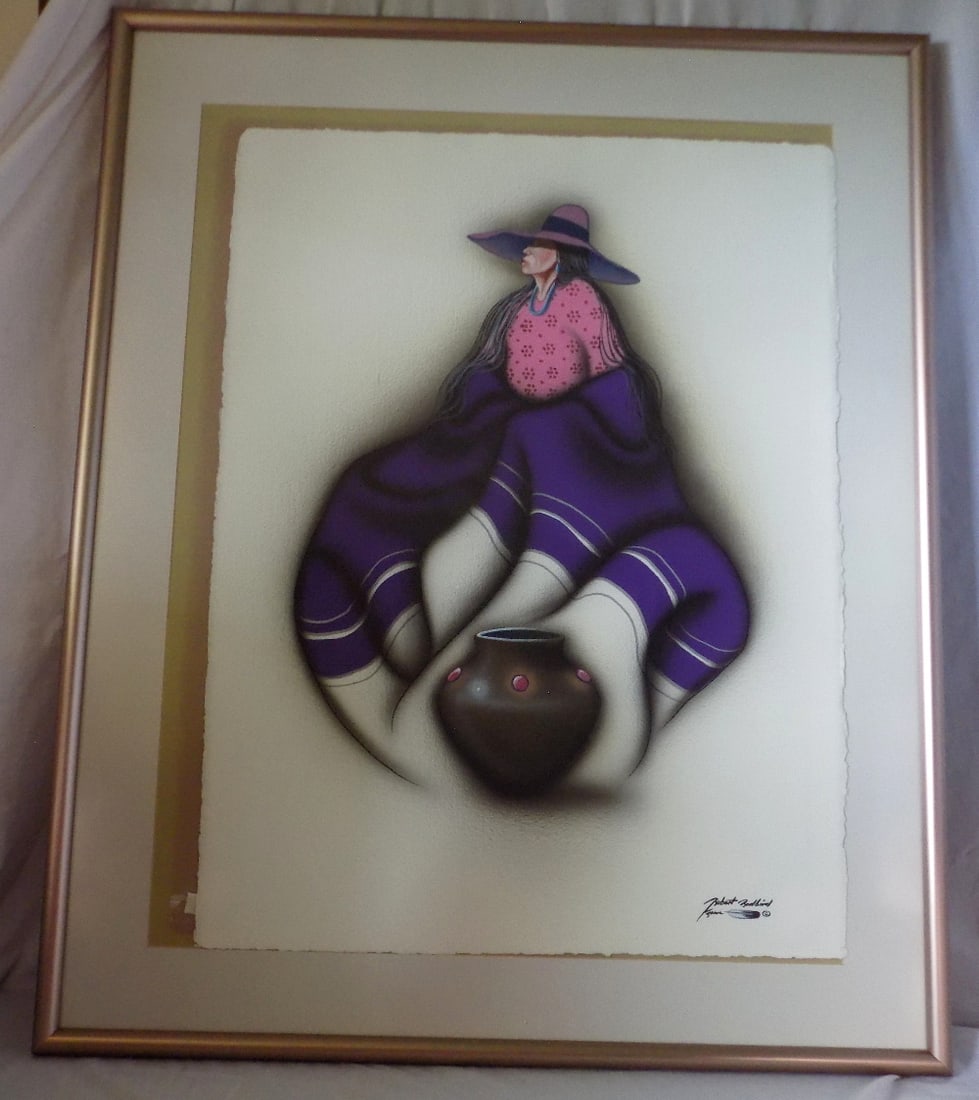 Vintage Robert Redbird mixed media picture Native American Indian with vase (1 of 6)