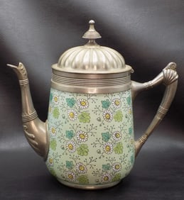 Charming antique enamel decorated pewter teapot