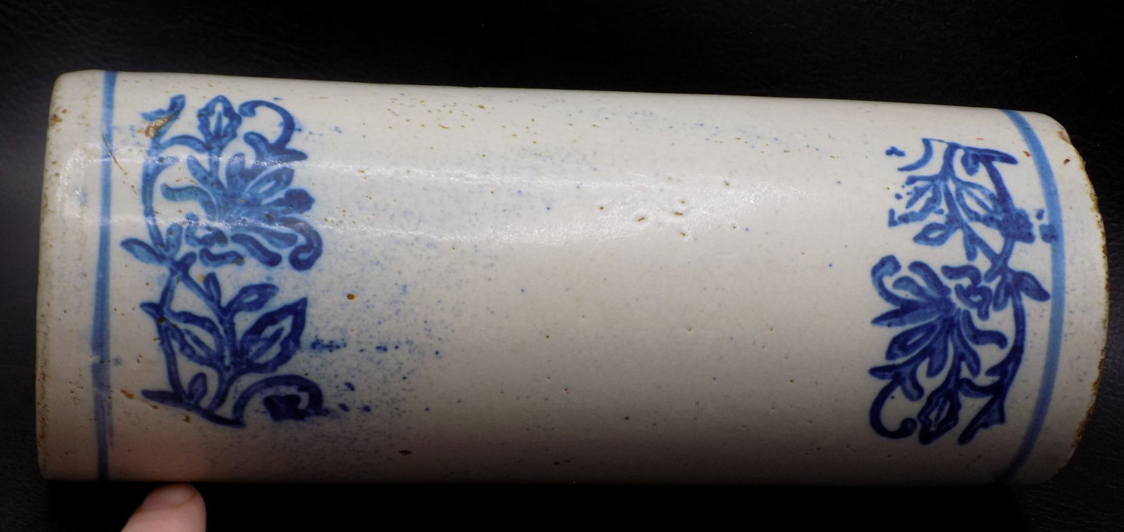 Antique blue gray decorated stoneware rolling pin. (1 of 8)