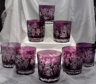 Beautiful set of 8 amethyst cut to clear art glass cocktail or whiskey glasses.