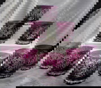 Beautiful set of 8 amethyst cut to clear art glass cocktail or whiskey glasses.: Beautiful set of 8 amethyst cut to clear art glass cocktail or whiskey glasses. Ajka Marsala amethyst purple cut to clear. Great quality and detail. In very good original as found condition. 3 ½