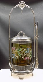 Beautiful Victorian decorated amber art glass pickle caster