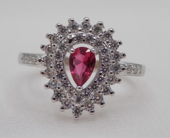 Beautiful 2 cwt ruby and topaz sterling silver ring