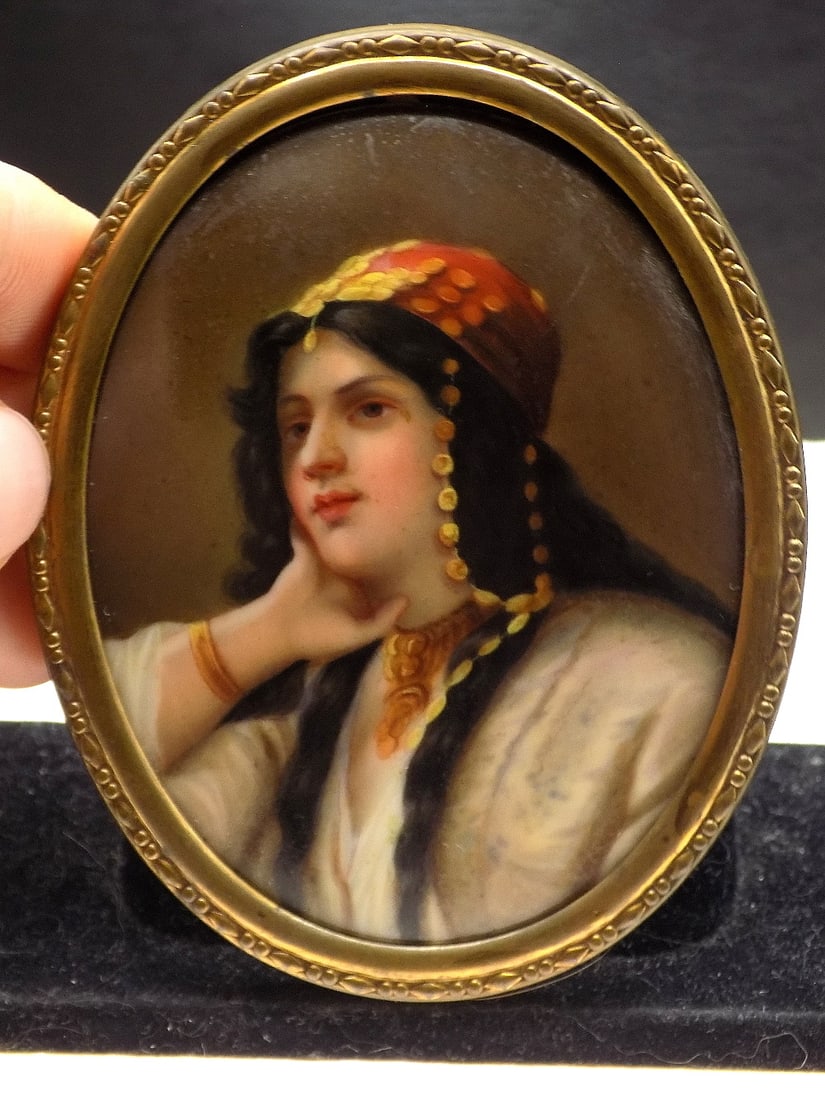 Beautiful antique miniature oil painting on porcelain of gypsy (1 of 4)