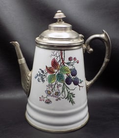 Charming antique enamel decorated pewter coffee pot with blackberries
