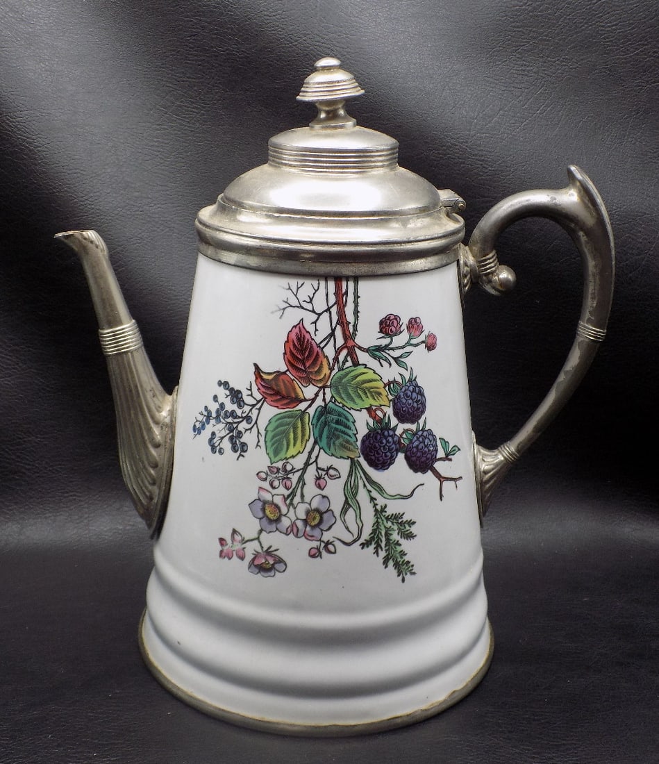 Charming antique enamel decorated pewter coffee pot with blackberries (1 of 7)