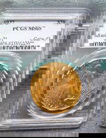 Uncirculated 1927 $20 gold coin Graded MS 65 PCGS.
