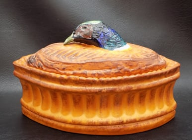 Vintage French porcelain casserole covered dish with pheasant on lid.