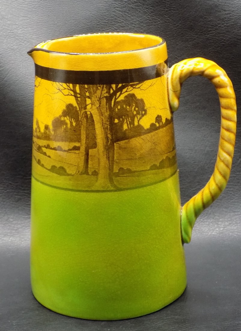 Vintage Royal Doulton Haystacks Woodland Series pitcher 1902-1922: Vintage Royal Doulton Haystacks Woodland Series pitcher 1902-1922. Marked on bottom as shown in photo. Beautiful colors. Great quality and detail. In very good original as found condition, 7 ½ 