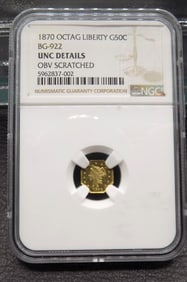 Uncirculated 1870 octagonal California .50c gold coin Graded NGC. BG 922