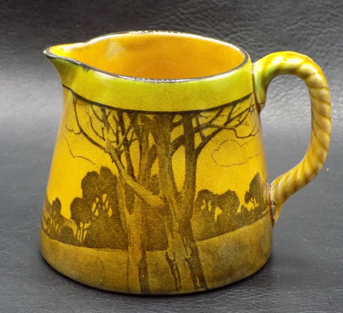 Vintage Royal Doulton Haystacks Woodland Series cream pitcher 1902-1922.: Vintage Royal Doulton Haystacks Woodland Series cream pitcher 1902-1922. Marked on bottom as shown in photo. Beautiful colors. Great quality and detail. In very good original as found condition, 2 7/8