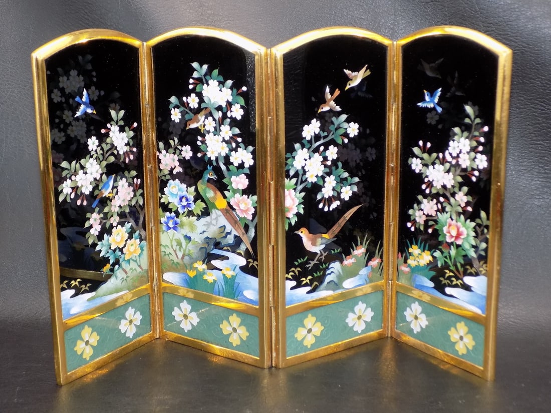 Fabulous vintage cloisonne folding Oriental table screen (1 of 10)