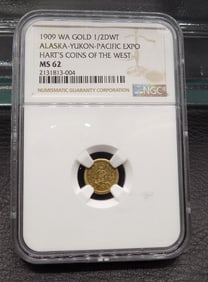 Uncirculated 1909 WA Gold Alaska-Yukon-Pacific Expo MS62 graded NGC. ½ DWT gold coin