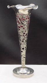 Fancy antique Oriental sterling silver bud vase with dragon and art glass insert