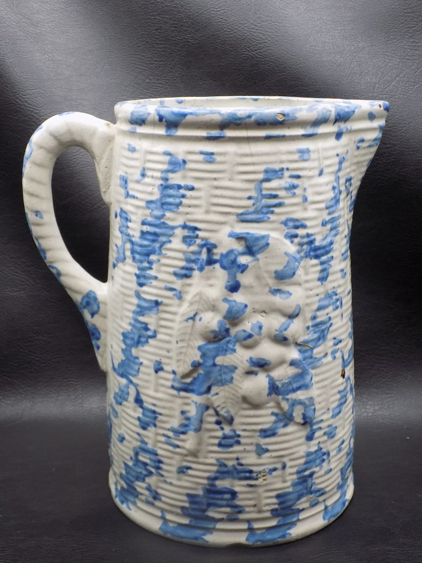 Late 1800s highly decorated blue white spongeware stoneware pitcher. (1 of 10)