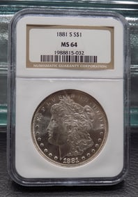 Uncirculated 1881 S MS64 Graded Morgan silver dollar by NGC