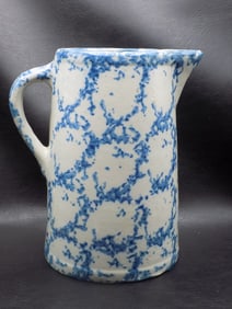 Late 1800 blue white spongeware stoneware pitcher.
