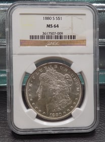 Uncirculated 1880 S MS64 Graded Morgan silver dollar by NGC