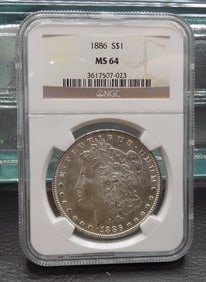 Uncirculated 1886 MS64 Graded Morgan silver dollar by NGC