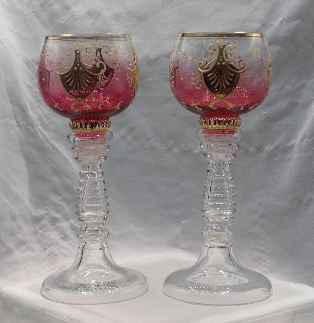 Beautiful pair of vintage Moser art glass wine glasses.: Beautiful pair of vintage Moser art glass wine glasses. Beautiful enamel decoration. Great quality and detail. In very good original as found condition. 7 7/8 inches tall. 2 1/2 wide at top rim. White