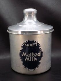 Large vintage Kraft Malted Milk advertising metal container.