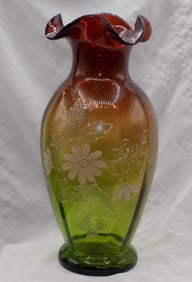 Beautiful antique decorated Rubina Verde art glass vase