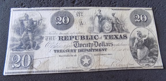 1840 the Republic of Texas $ 20 bill. Please see photos.