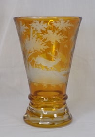 Vintage amber cut to clear art glass with deer in forest