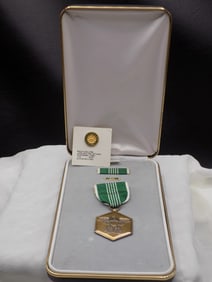 Vintage military medal, ribbon and lapel button in original box