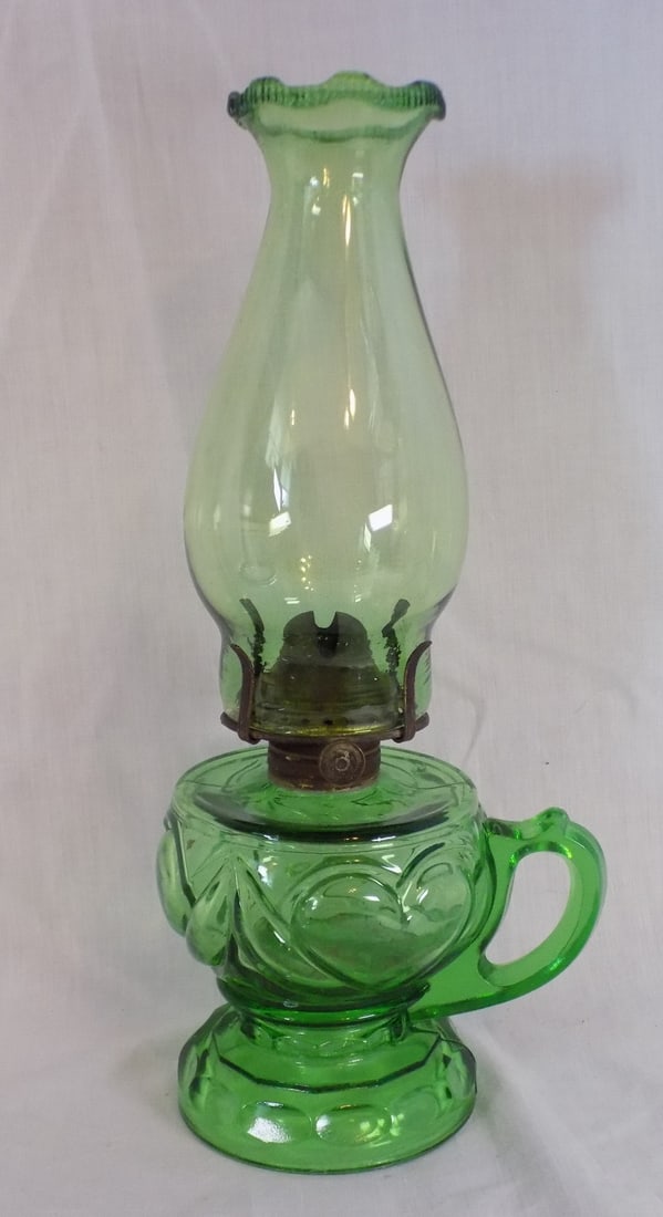 Pretty antique green glass finger lamp with hearts (1 of 6)